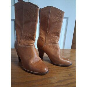Vintage 9 West Tan Leather Western-Style Red Embroidered Heeled Boots size 7-1/2